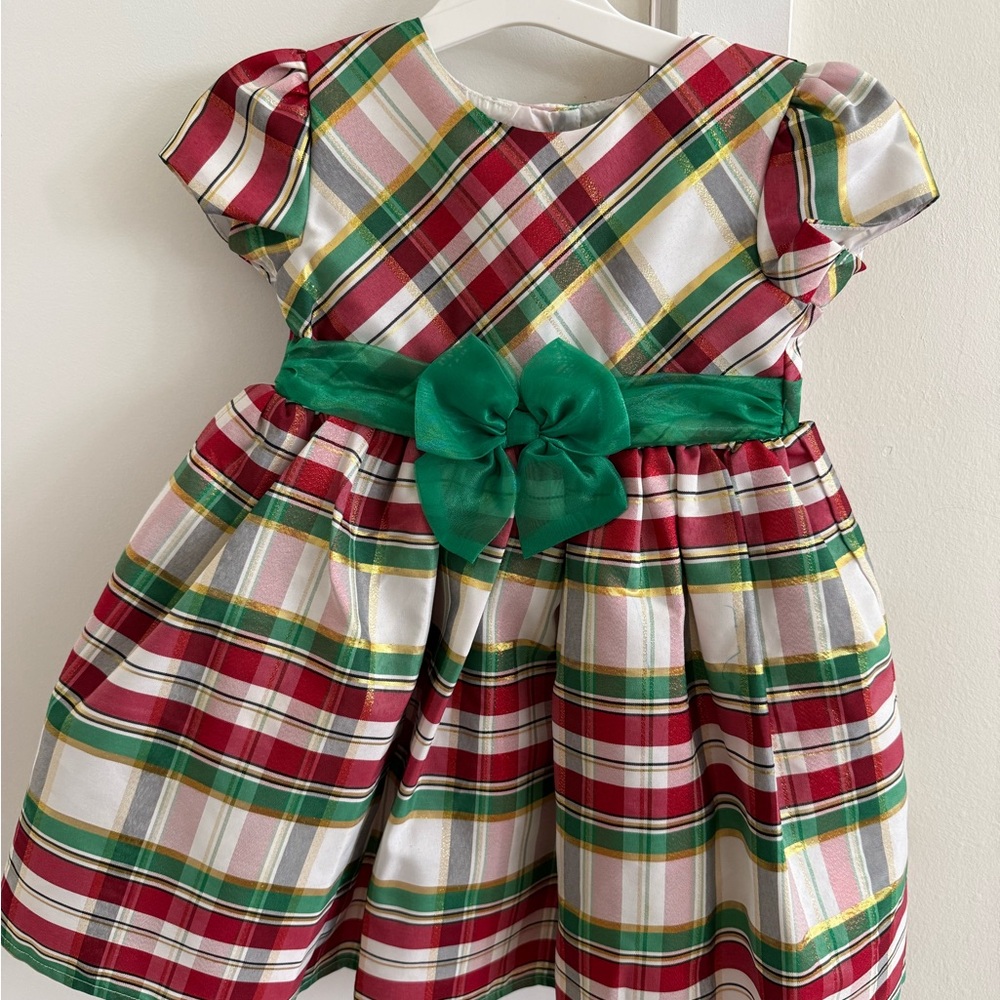 Festive Red & Green Plaid Holiday Dress with Bow (2T)